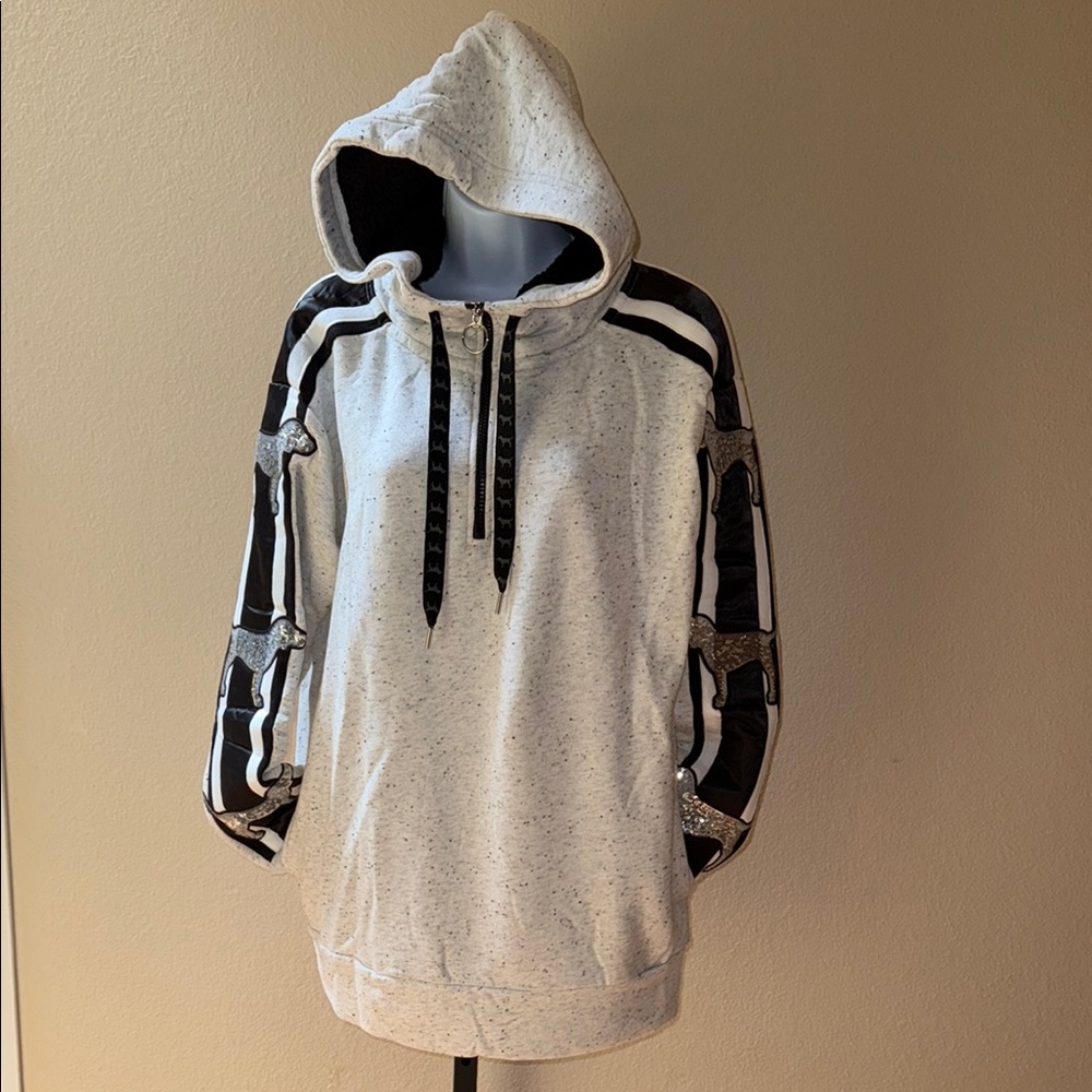 Rare PINK Victoria's Secret Gray and Black Hoodie Bling Sequin Large Logo Size S